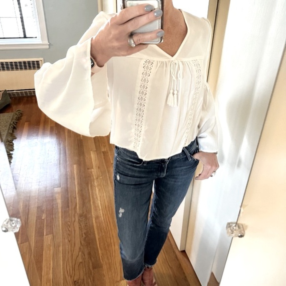 Garage White Boho Peasant Blouse | Lace Detail Bell Sleeves - Picture 2 of 11